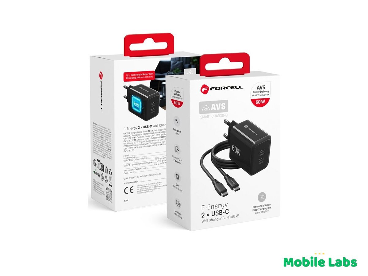 Chargeur Forcell GaN 60W 2 ports USB-C + câble